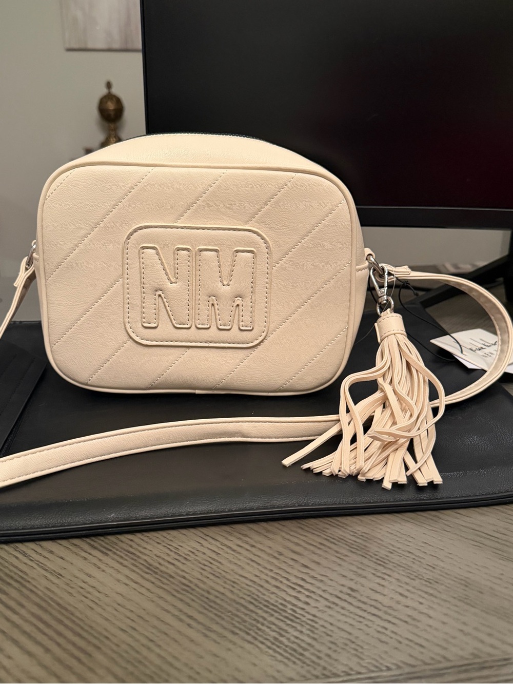 Nicole Miller Cream Quilted Crossbody with Tassel
